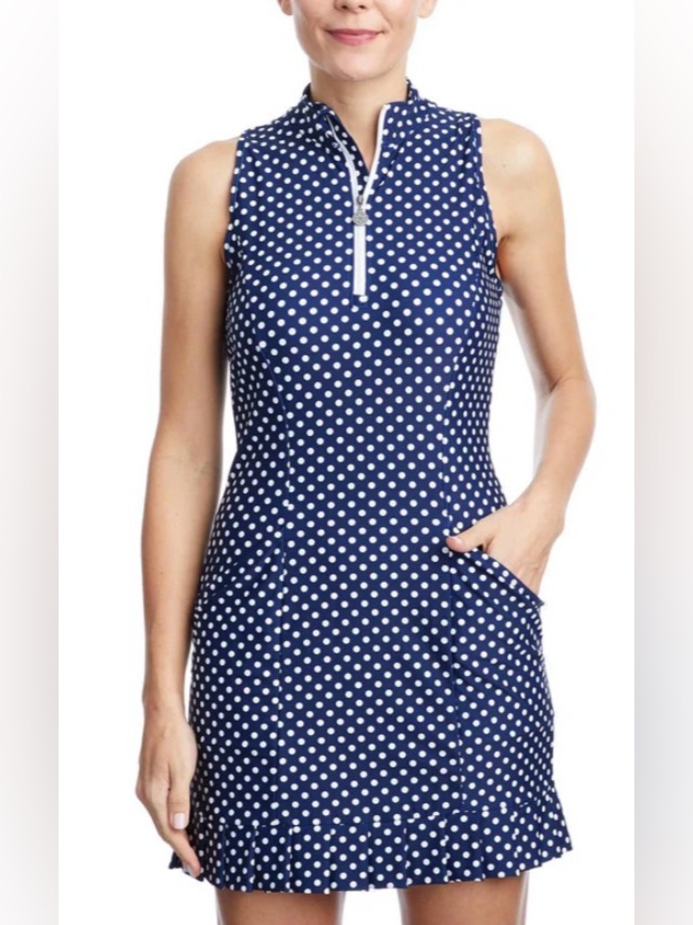 {EUC} Tzu Tzu Navy Dotty Shiloh Dress Large White Polka Dot
